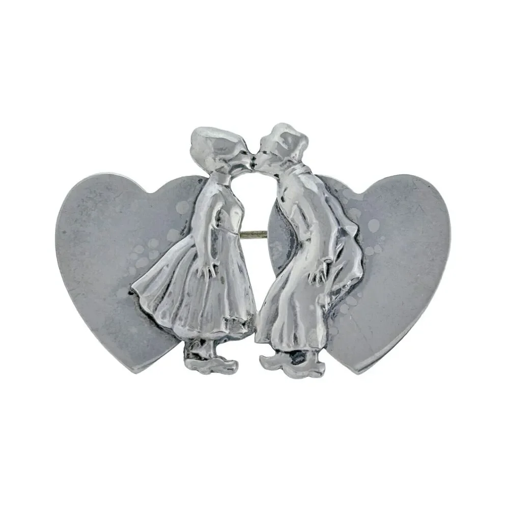 Vintage Sterling Silver 925 Dutch Boy Girl Kissing Double Heart Pin Brooch